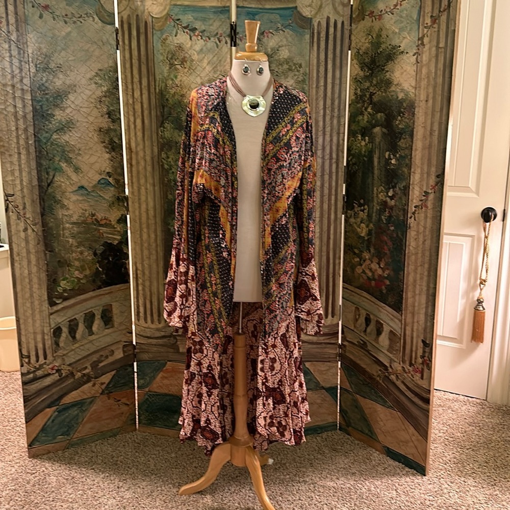 Umgee Mixed Print Boho Duster Kimono in Burgundy, Navy, Mustard, Cream